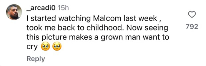 Instagram comment reminiscing about 'Malcolm In The Middle,' expressing nostalgia and emotional impact.