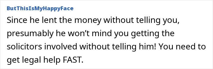 Text post advising legal action over &pound;40k borrowed by a friend, with emphasis on urgency for the wife's concerns.