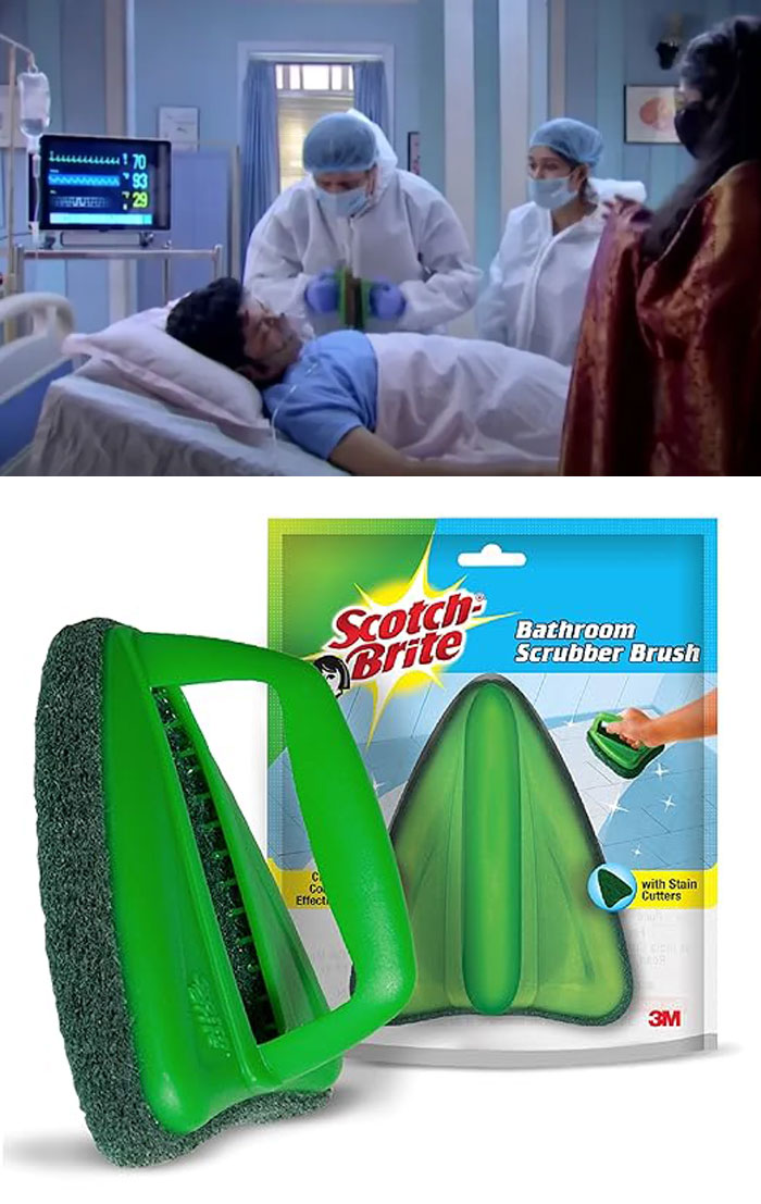 Filmmakers creatively use a Scotch-Brite scrubber as a medical prop in a hospital scene.