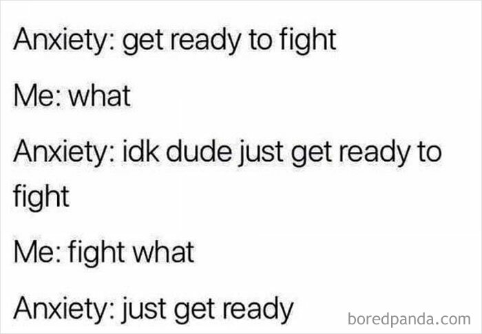 Conversation between a person and anxiety showing confusion in a silly meme about anxiety humor.