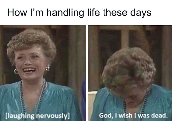 Two-panel meme showing a woman laughing nervously then looking down sadly, illustrating struggles with anxiety.