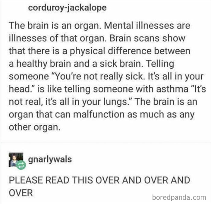 Text post discussing mental illness as a physical brain condition, emphasizing the importance of understanding anxiety humor.