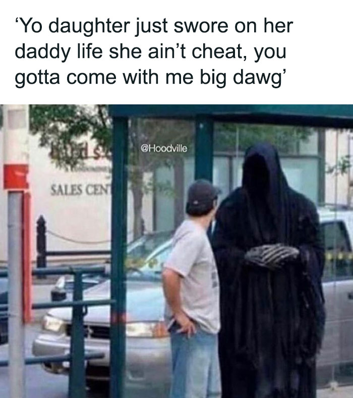 Man standing with a hooded figure at a bus stop, part of a funny meme about men that evokes laughter.