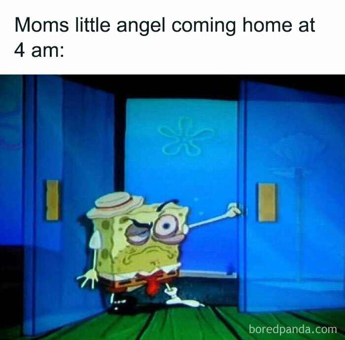 SpongeBob meme humorously depicting men coming home late, looking tired and disheveled.