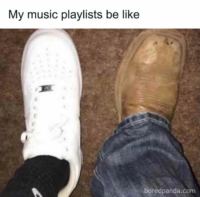 Two contrasting shoes symbolize mismatched playlists, humorously reflecting memes about men and music tastes.