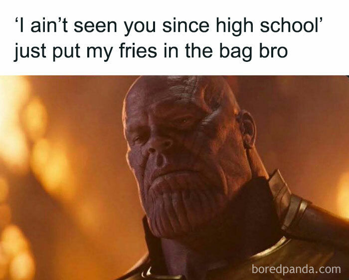 Thanos meme about men humorously avoiding conversation at fast food, saying "put my fries in the bag bro."