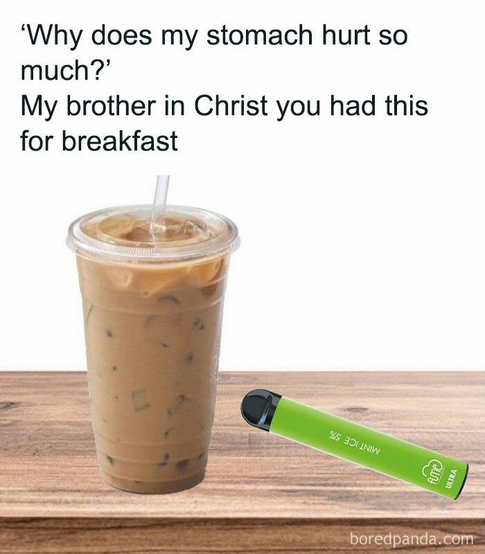 Iced coffee and vape on table, humorous meme about men.