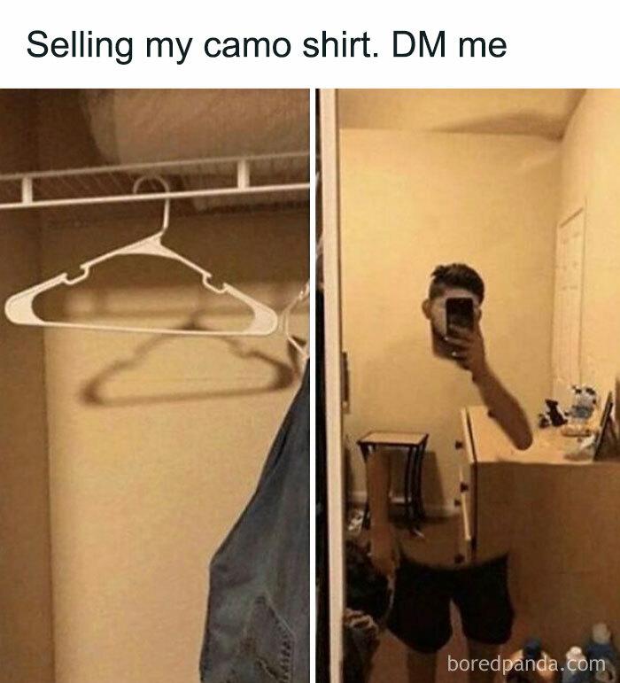 Man humorously claims to sell his camo shirt, showcasing an empty hanger and himself in shorts against a camo background.