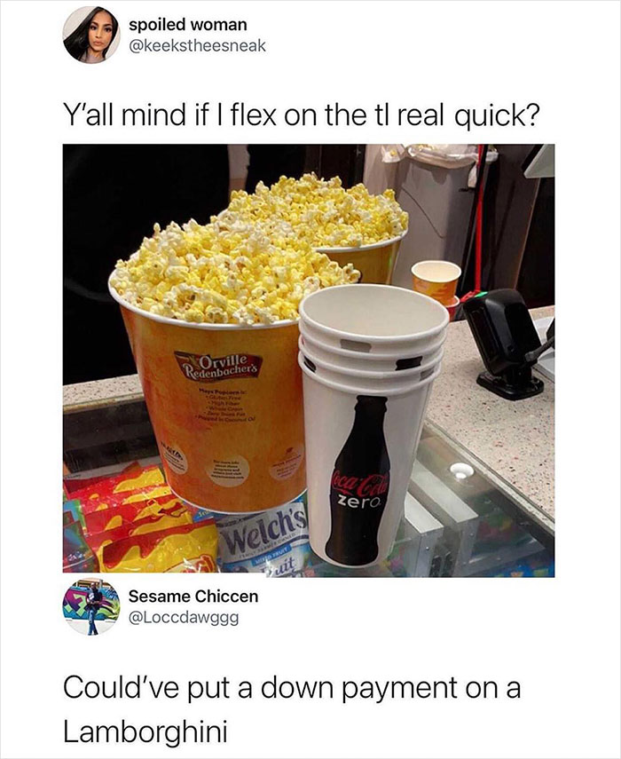 Massive popcorn bucket and Coca-Cola Zero cup with men meme humor about spending like a Lamborghini.