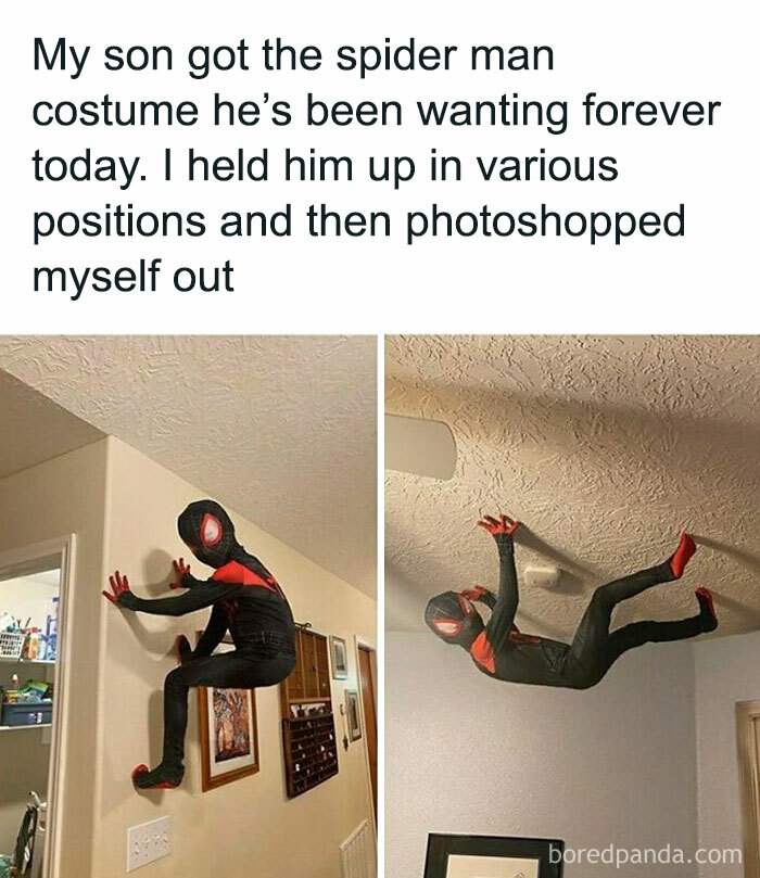 Child in Spider-Man costume posed climbing walls, highlighting men's humorous side.