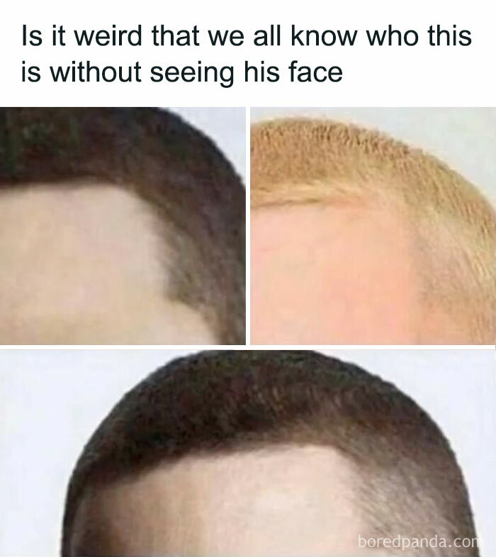 Three cropped images of men's haircuts with text implying recognition without seeing their faces.