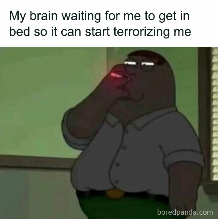 Cartoon character smoking with text about bedtime anxiety, illustrating a humor meme about men.