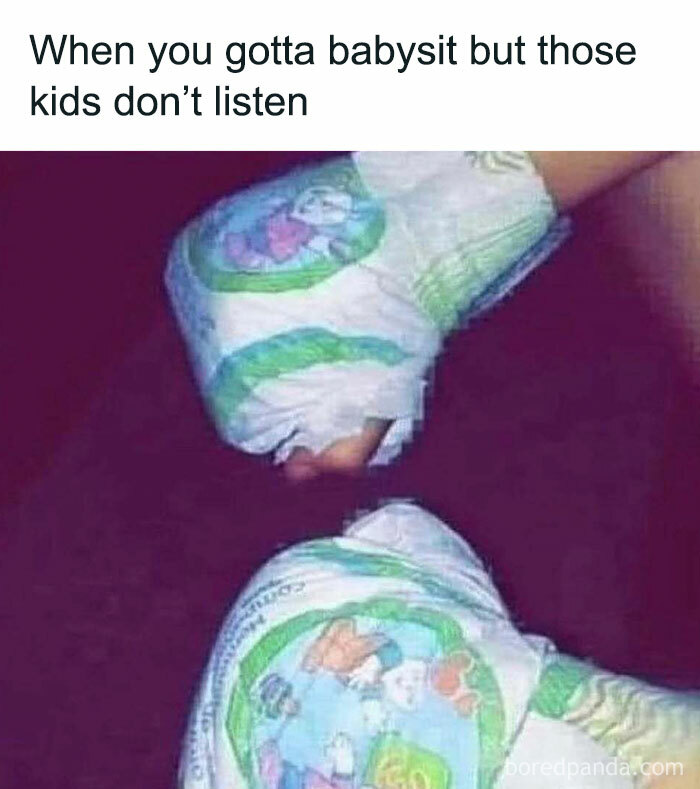 Babysitting struggle meme with hands wrapped in diapers as makeshift boxing gloves, humorously depicting challenges.