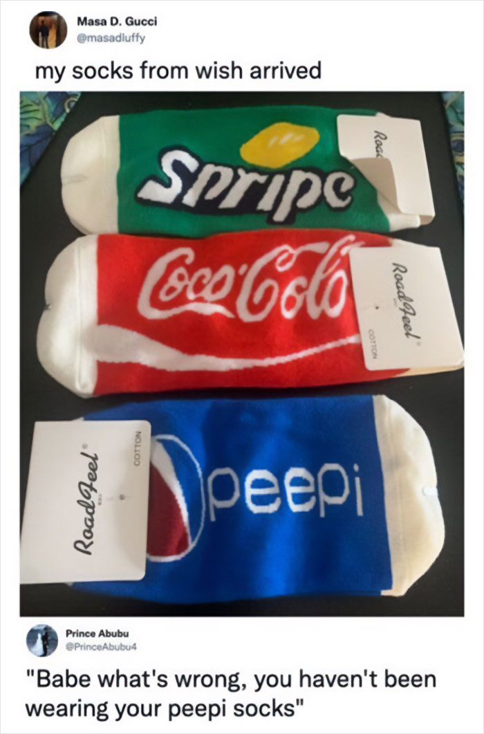 Confidently incorrect brand parody socks labeled Spripe, CocoCola, and Peepi from Wish.