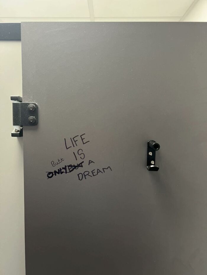 Restroom graffiti with humorous correction: "Life is but a dream," editing the original phrase humorously.