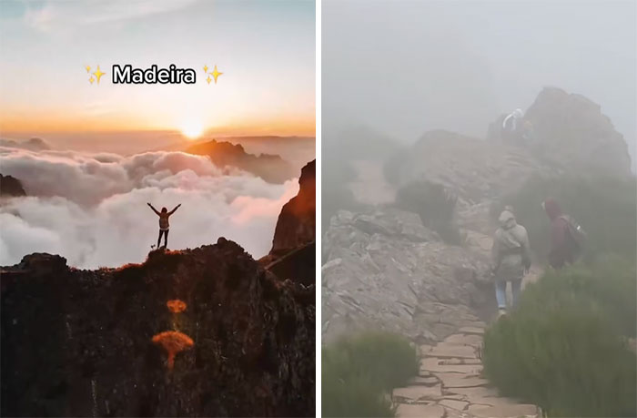 Insta vs. Reality showing a person on a sunny mountain vs. a foggy hike, illustrating photo perfection and truth.