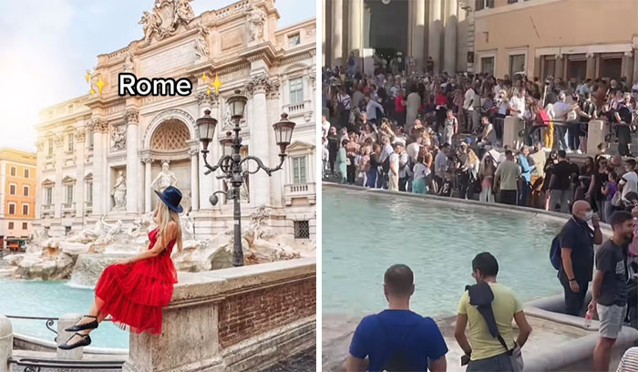 Insta vs. Reality: Woman in red dress at quiet Trevi Fountain vs. crowded scene with tourists in Rome.