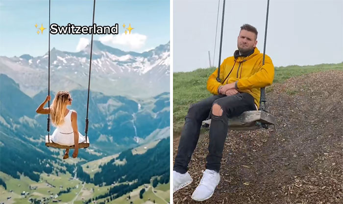 Insta vs. Reality: A woman on a scenic swing, contrasted with a man on a dull swing in the same pose.