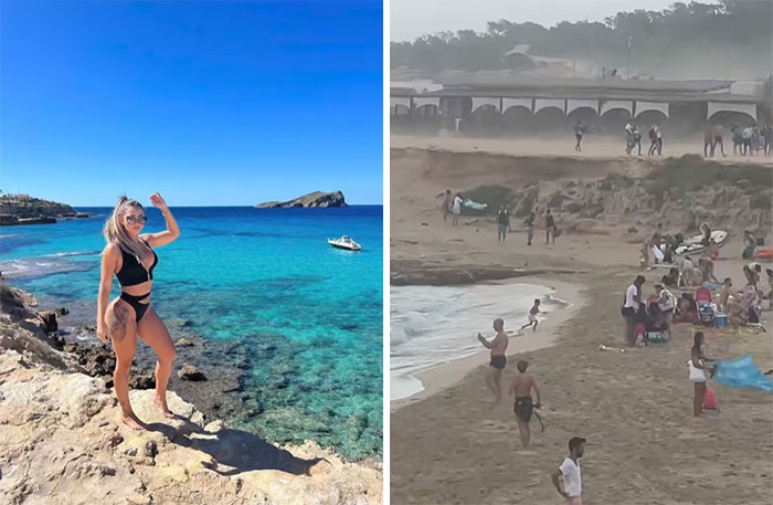 Insta vs. Reality: Woman poses at pristine beach, while the actual crowded beach scene unfolds next to it.