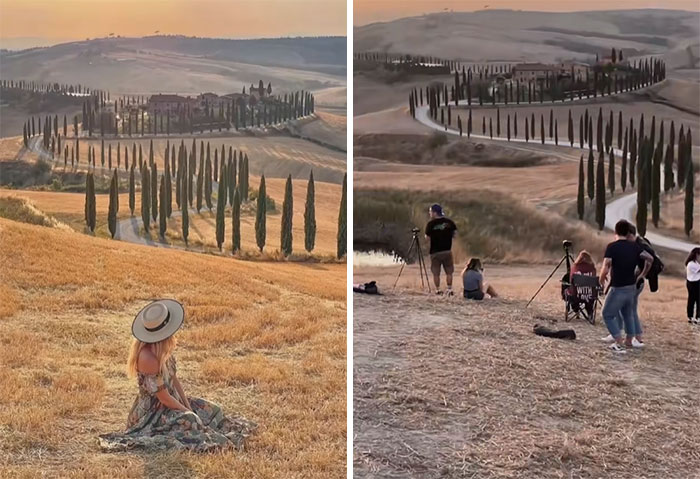 Woman in hat poses on scenic hill for perfect Instagram photo; reality shows a group with tripods capturing the scene.