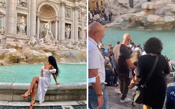 Insta vs. reality: a woman poses alone at Trevi Fountain, revealing its crowded backdrop filled with tourists.