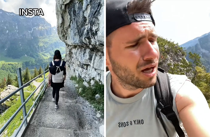 Insta vs. Reality: Woman hiking on a scenic trail vs. tired man struggling uphill in nature.