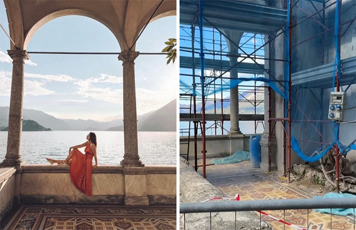 Insta vs. reality: Woman poses by a scenic lake, with scaffolding and construction in surrounding area showing the truth.