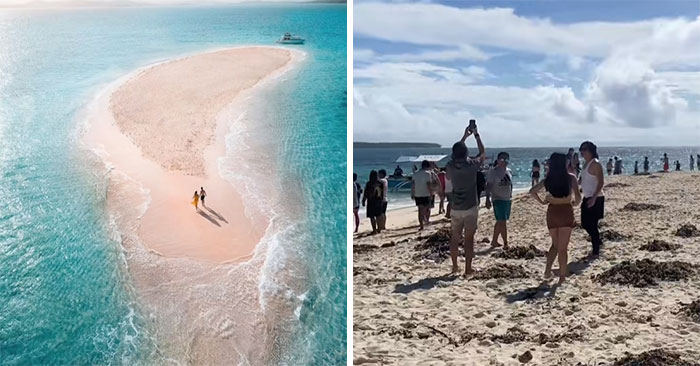 Insta vs Reality beach scene; a deserted sandbar vs crowded beach with tourists taking photos.