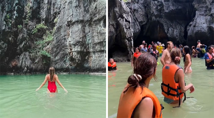 A woman in a red swimsuit poses in serene waters; reality shows a crowded scene with people in life vests highlighting photo truths.