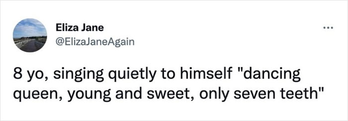 Tweet by Eliza Jane sharing a funny experience of an 8-year-old singing “Dancing Queen” with altered lyrics.