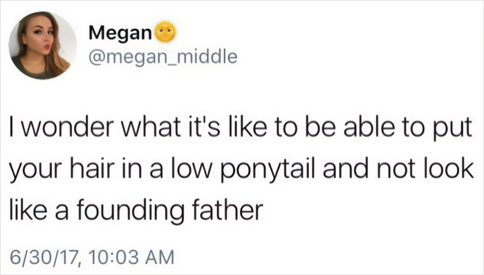 Funny tweet about hairstyles comparing low ponytails to founding fathers.