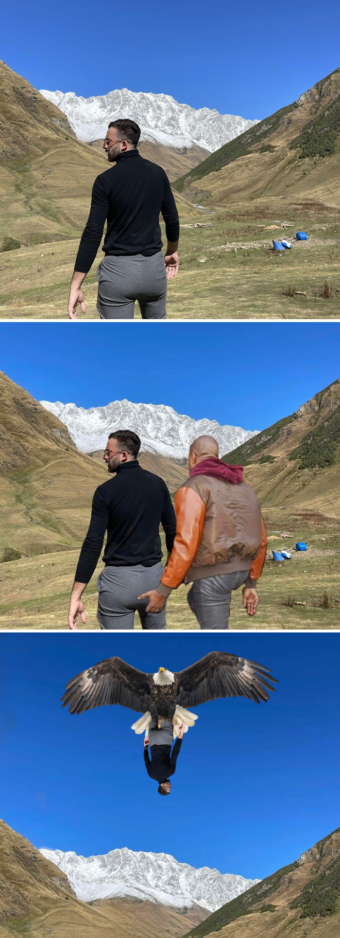 Man posing in mountains with hilarious Photoshop edits including a person touching him and flying on a giant eagle.
