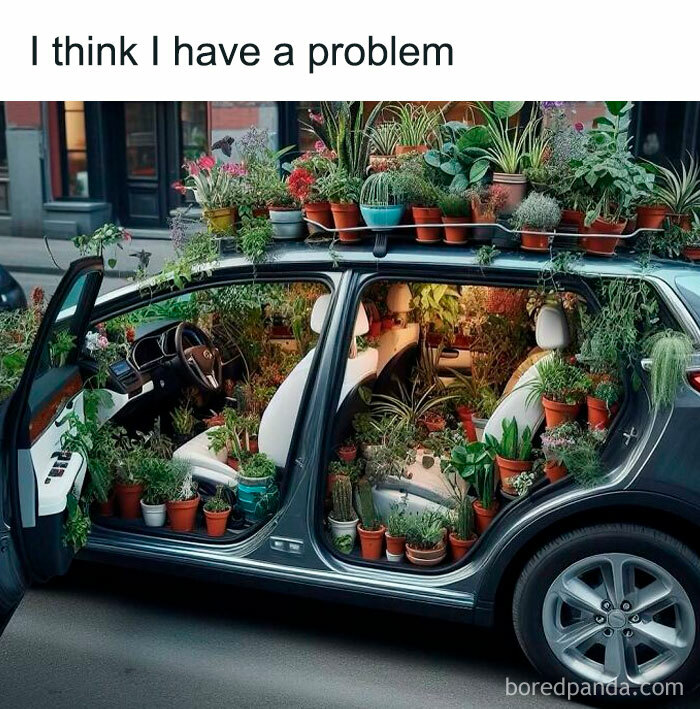 Car interior filled with potted plants, illustrating plant owner humor.