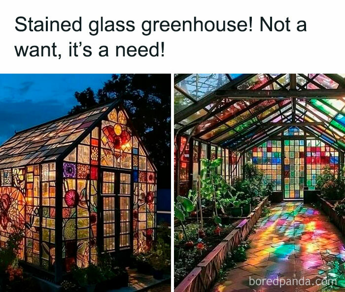 Stained glass greenhouse glowing with vibrant colors, illustrating plant owner’s dream architecture.
