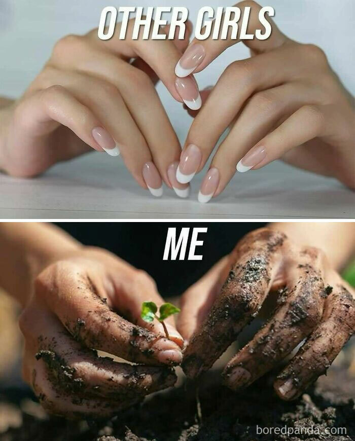 Hands with pristine nails vs. hands covered in soil cradling a seedling, highlighting plant owner dedication.