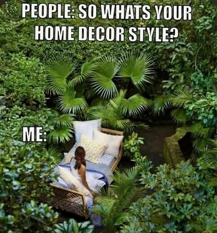 Person lounging on a patio surrounded by lush plants, illustrating plant owner humor.