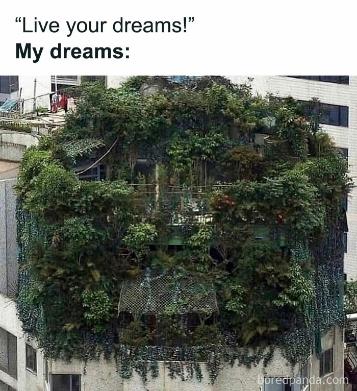 Urban balcony covered in lush plants, humorously depicting a plant owner's dream transformation.