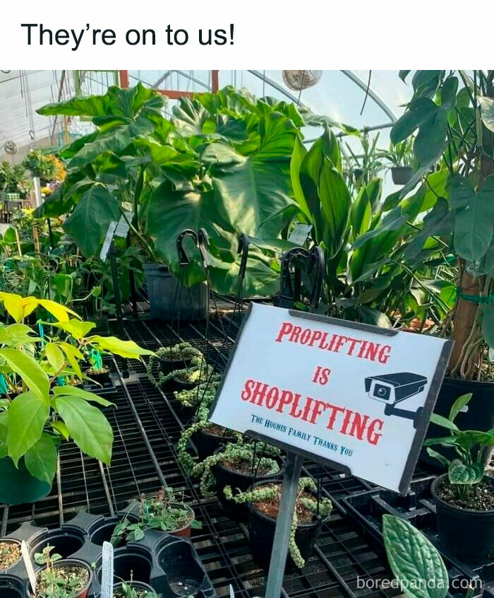 Greenhouse with sign warning plant owners about proplifting as shoplifting.