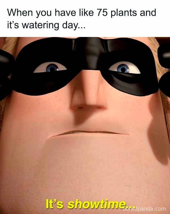 Cartoon character prepares for watering plants, expressing plant owner humor with the caption "It's showtime."