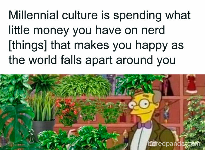 Cartoon character surrounded by lush plants, highlighting humorous millennial plant owner culture.