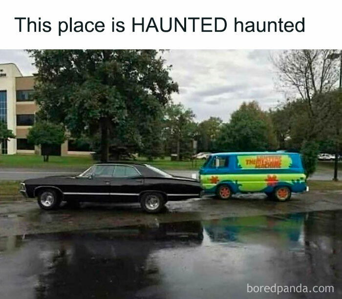 Funny meme with two parked cars: a black sedan and a colorful van in a rainy parking lot.
