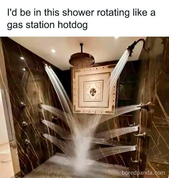 Luxury shower with multiple water jets creating a funny hotdog effect.