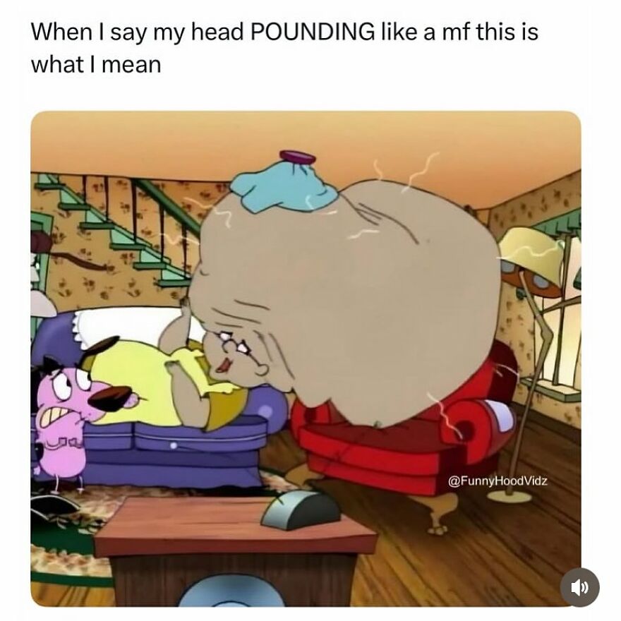 Cartoon with a character's head swollen, showing a pounding headache; part of the hilarious memes collection.