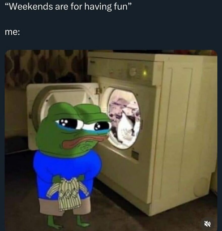Sad Pepe meme by the washing machine, captioned “Weekends are for having fun,” illustrating relatable girl posts humor.