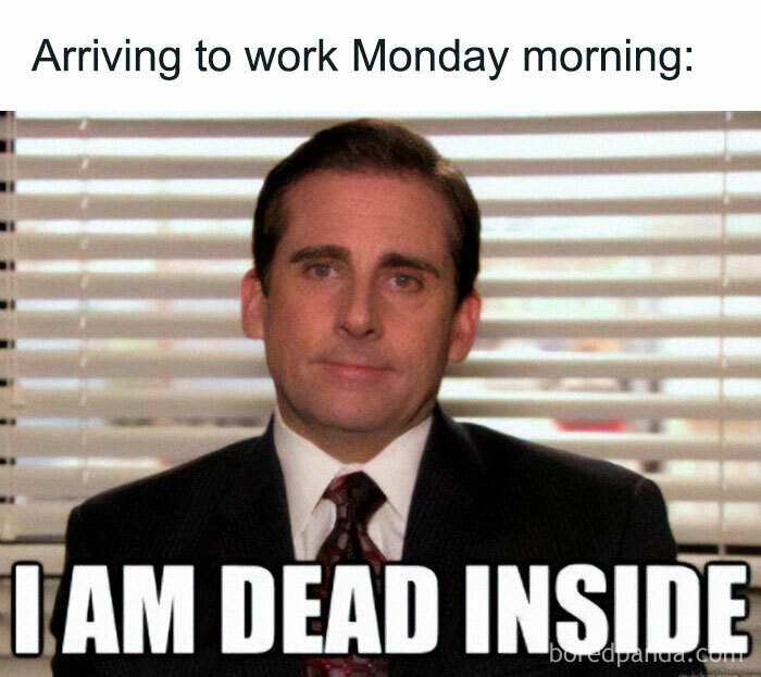 Person sitting in an office, looking tired with blinds in the background; a relatable work meme.