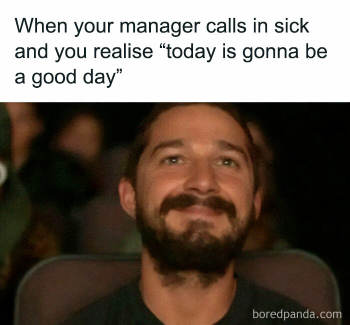 Happy person in a theater seat, smiling at the relatable work meme text above.