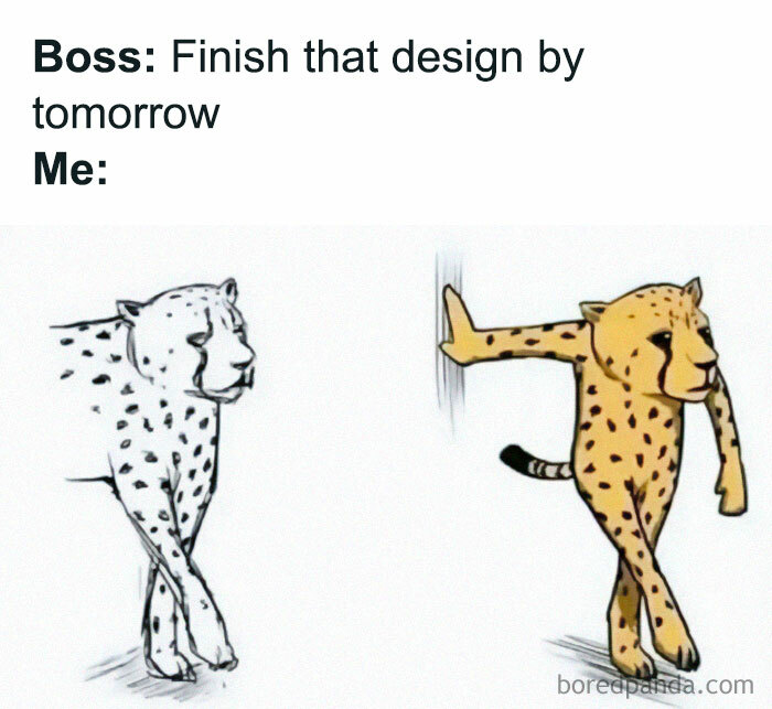 Cheetah rushing through a door, humorously illustrating a relatable work meme scenario.