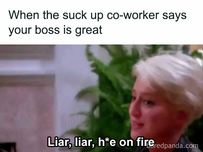 Funny relatable work meme of a person reacting to a flattering co-worker with skeptical expression.