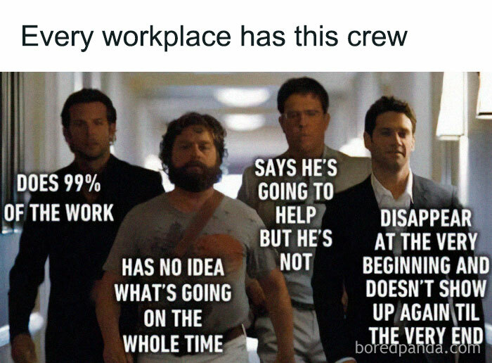 Four coworkers depicting funny relatable work memes about different work roles.