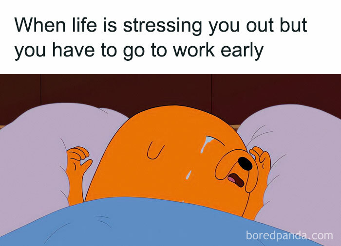 Cartoon dog under blankets, eyes closed, captioned about stress and waking up early for work; work meme humor.